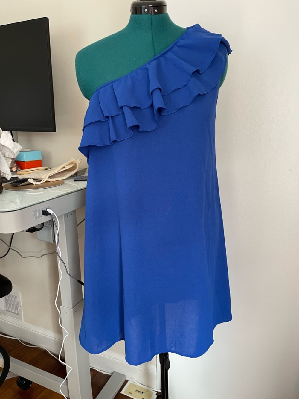 One-Shoulder Royal Blue Ruffle Dress